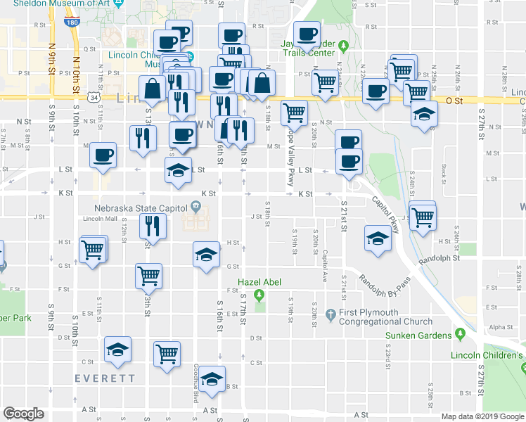 map of restaurants, bars, coffee shops, grocery stores, and more near in Lincoln