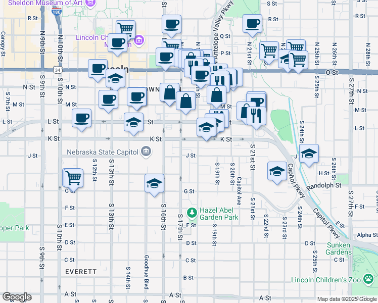 map of restaurants, bars, coffee shops, grocery stores, and more near in Lincoln