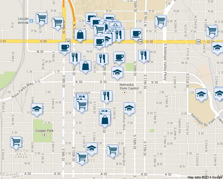 map of restaurants, bars, coffee shops, grocery stores, and more near in Lincoln