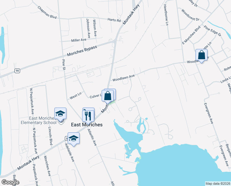 map of restaurants, bars, coffee shops, grocery stores, and more near 370 Montauk Highway in East Moriches
