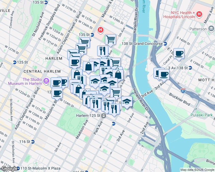 map of restaurants, bars, coffee shops, grocery stores, and more near 2041 Madison Avenue in New York