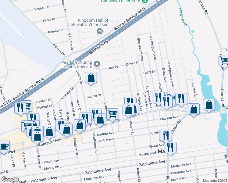 map of restaurants, bars, coffee shops, grocery stores, and more near 23 Clymer Place in Mastic