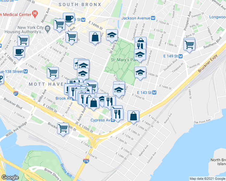 map of restaurants, bars, coffee shops, grocery stores, and more near 328 Beekman Avenue in Bronx