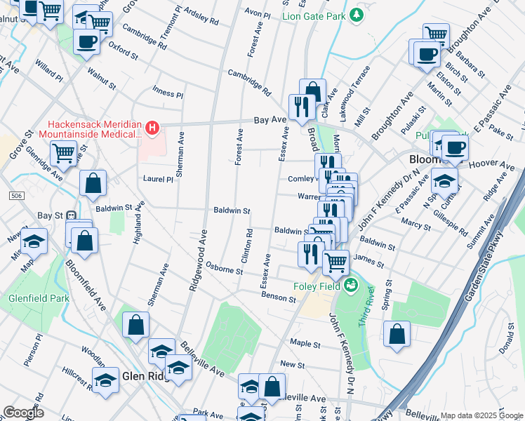 map of restaurants, bars, coffee shops, grocery stores, and more near 89 Baldwin Street in Glen Ridge