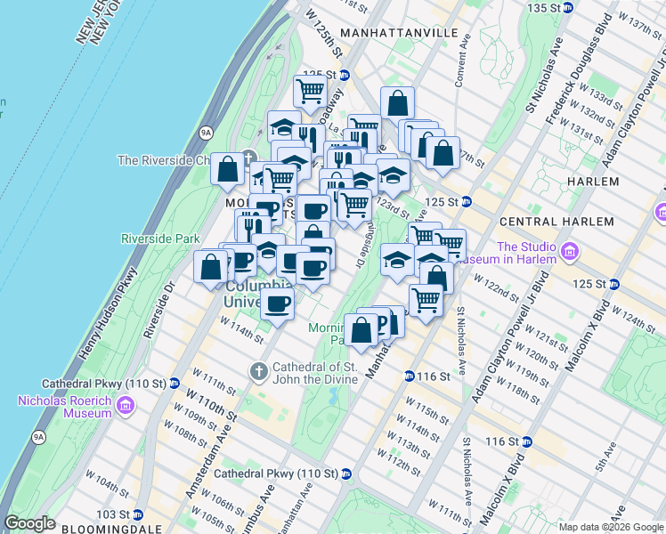 map of restaurants, bars, coffee shops, grocery stores, and more near 420 West 119th Street in New York