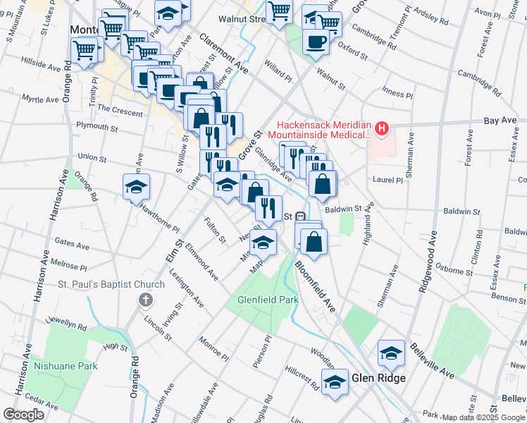 map of restaurants, bars, coffee shops, grocery stores, and more near 3 Bloomfield Avenue in Montclair