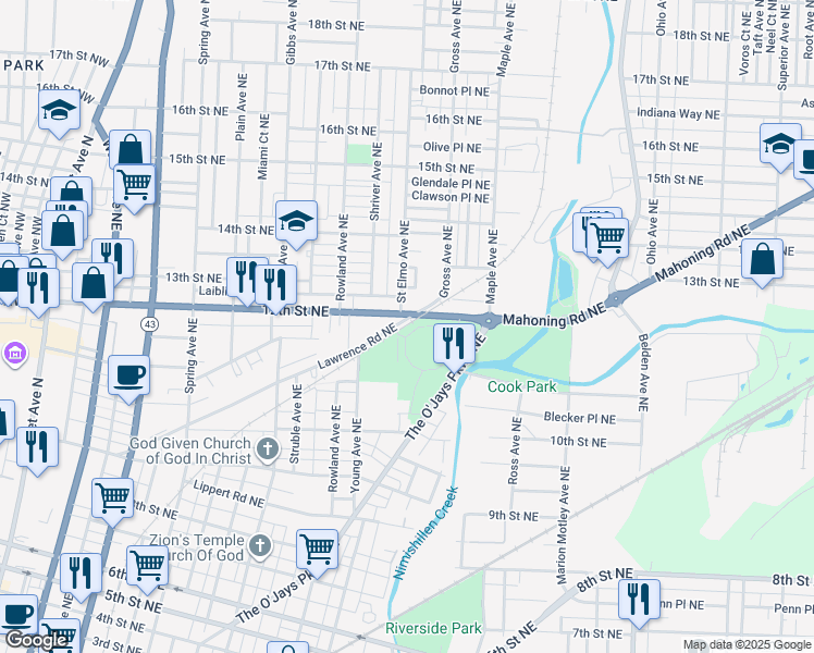 map of restaurants, bars, coffee shops, grocery stores, and more near 1429 12th Street Northeast in Canton