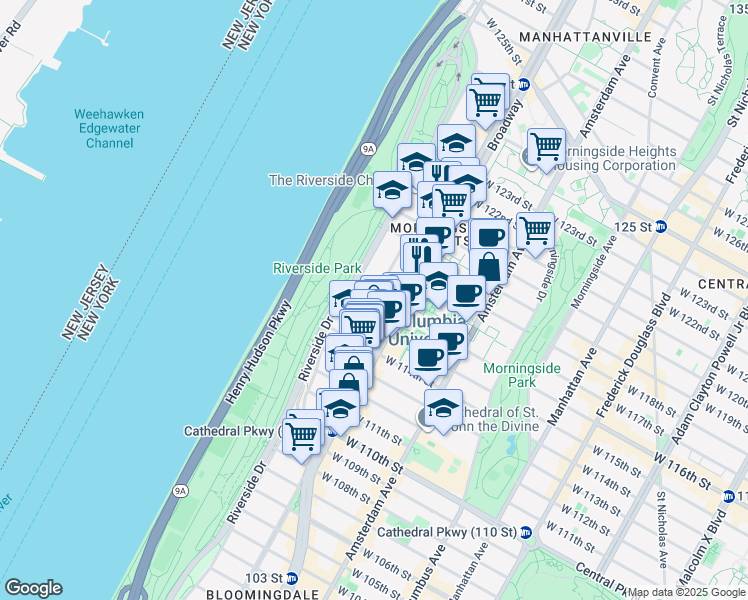 map of restaurants, bars, coffee shops, grocery stores, and more near 3022 Broadway in New York