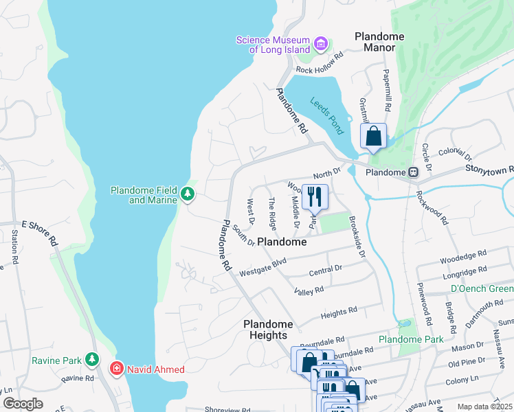 map of restaurants, bars, coffee shops, grocery stores, and more near 25 West Drive in Plandome