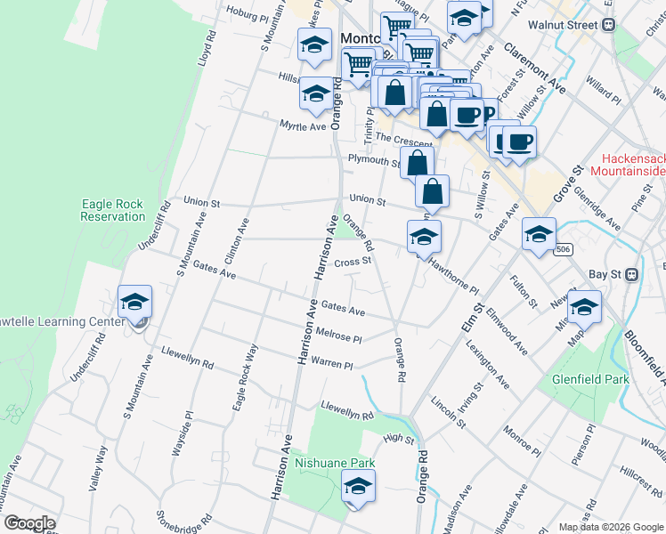 map of restaurants, bars, coffee shops, grocery stores, and more near 29 Harrison Avenue in Montclair