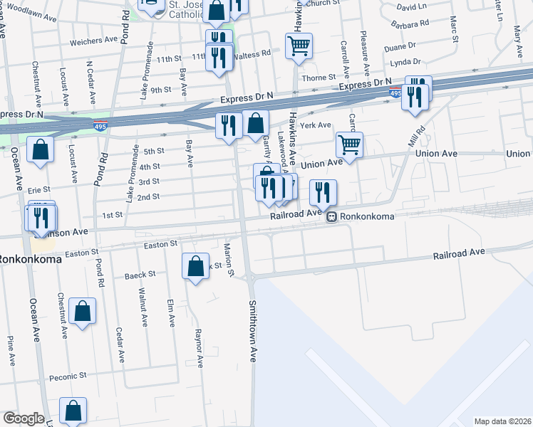 map of restaurants, bars, coffee shops, grocery stores, and more near 27 Railroad Avenue in Ronkonkoma