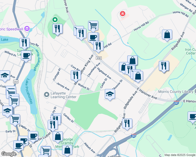 map of restaurants, bars, coffee shops, grocery stores, and more near 23 Carlton Street in Morristown
