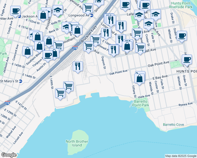 map of restaurants, bars, coffee shops, grocery stores, and more near 1132 Oak Point Avenue in Bronx