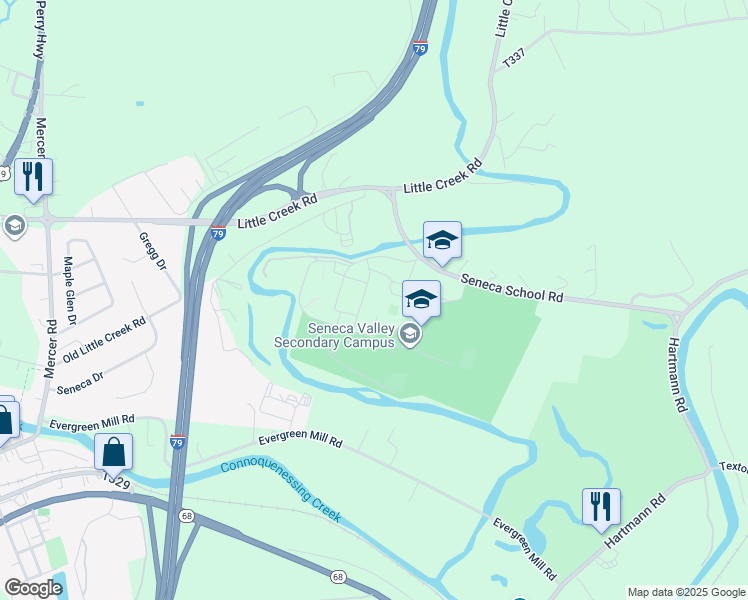 map of restaurants, bars, coffee shops, grocery stores, and more near 126 Seneca School Road in Harmony