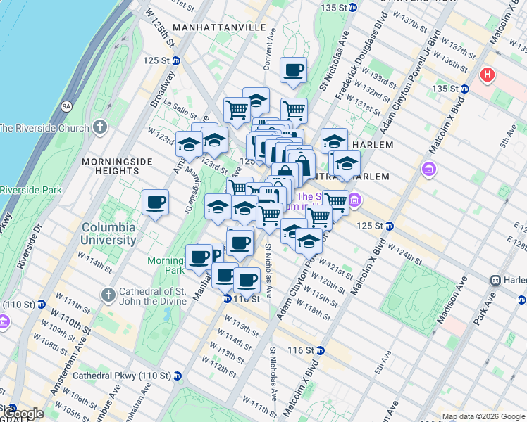 map of restaurants, bars, coffee shops, grocery stores, and more near West 122nd Street in New York