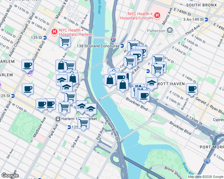 map of restaurants, bars, coffee shops, grocery stores, and more near 2401 3rd Avenue in The Bronx