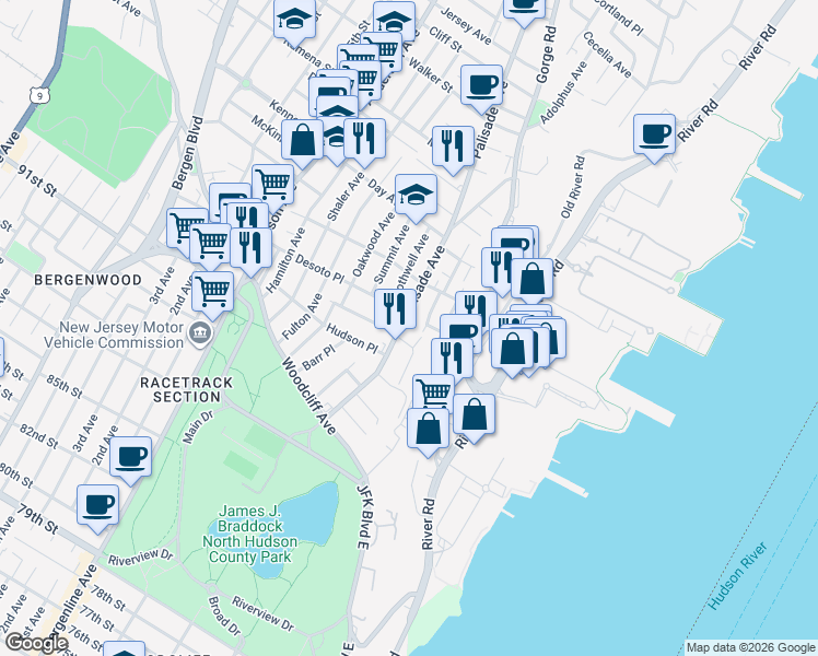 map of restaurants, bars, coffee shops, grocery stores, and more near 210 Desoto Place in Cliffside Park