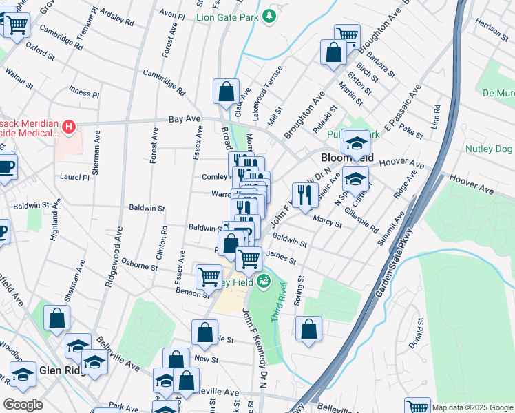 map of restaurants, bars, coffee shops, grocery stores, and more near 386 Hoover Avenue in Bloomfield