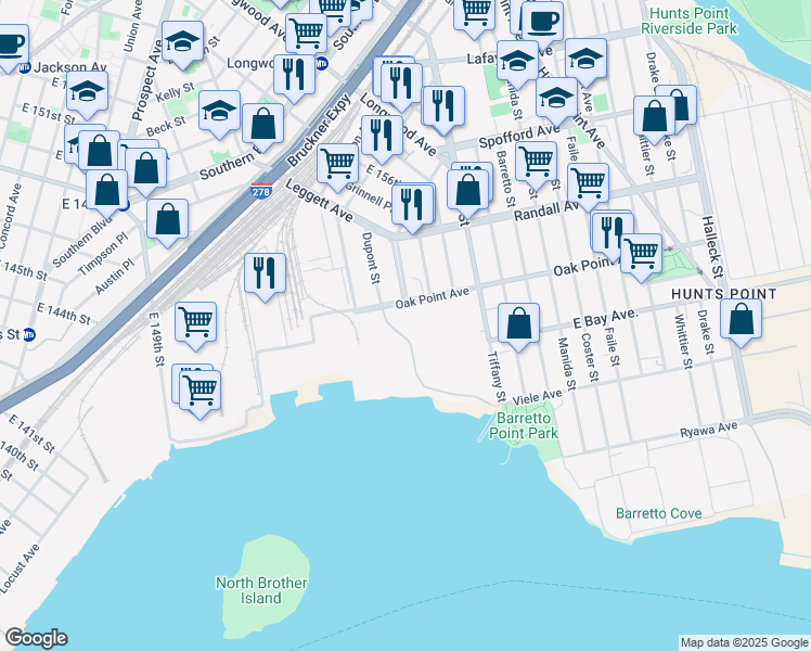 map of restaurants, bars, coffee shops, grocery stores, and more near 1120 Oak Point Avenue in The Bronx