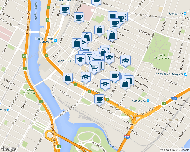 map of restaurants, bars, coffee shops, grocery stores, and more near in The Bronx