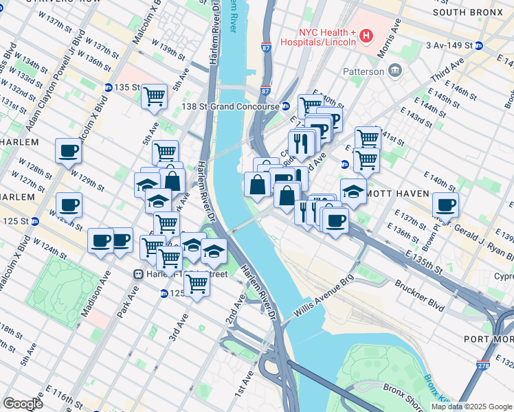 map of restaurants, bars, coffee shops, grocery stores, and more near 2401 3rd Avenue in The Bronx