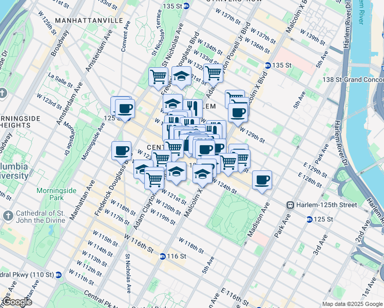 map of restaurants, bars, coffee shops, grocery stores, and more near 2105 Adam Clayton Powell Junior Boulevard in New York