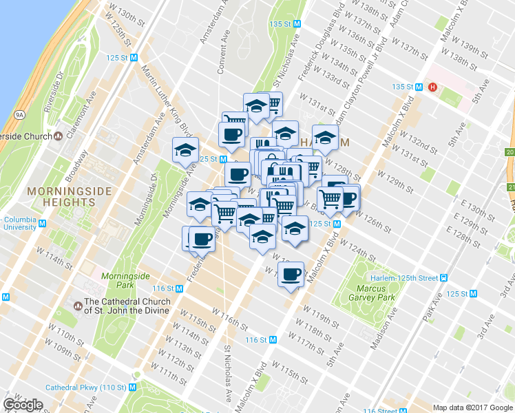 map of restaurants, bars, coffee shops, grocery stores, and more near 230 West 125th Street in New York