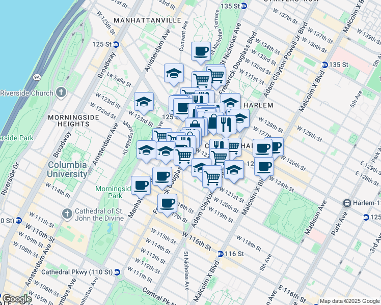map of restaurants, bars, coffee shops, grocery stores, and more near 2296 Frederick Douglass Boulevard in New York
