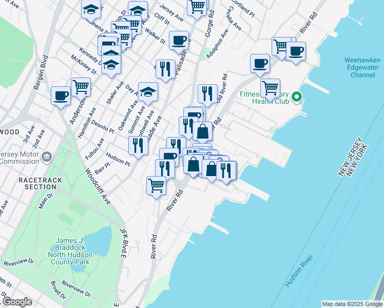 map of restaurants, bars, coffee shops, grocery stores, and more near 1011 Hudson Park in Edgewater