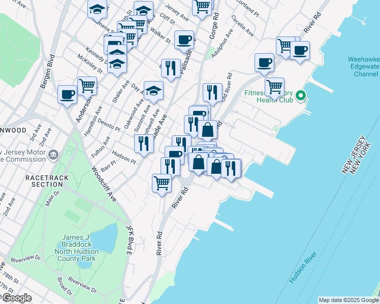 map of restaurants, bars, coffee shops, grocery stores, and more near 1011 Hudson Park in Edgewater
