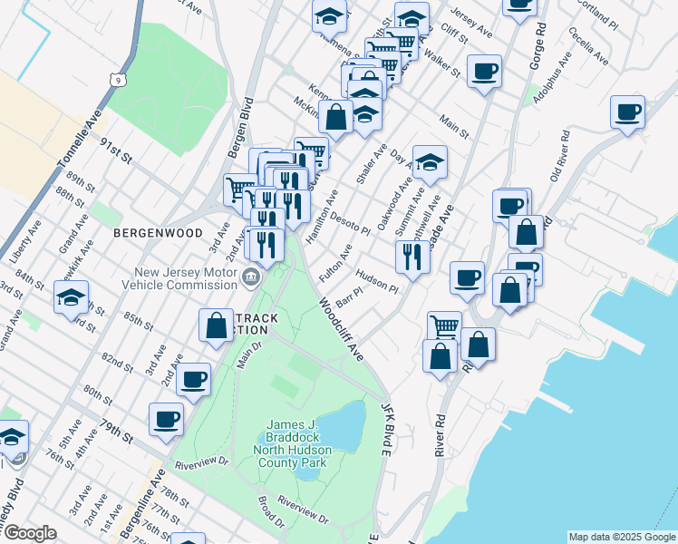 map of restaurants, bars, coffee shops, grocery stores, and more near 257 Hudson Place in Fairview