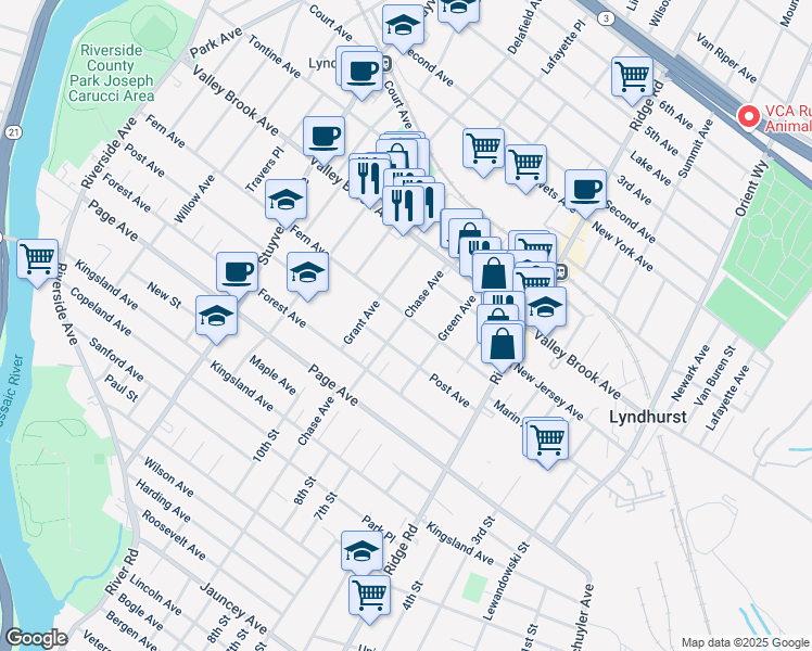 map of restaurants, bars, coffee shops, grocery stores, and more near 436 Fern Avenue in Lyndhurst