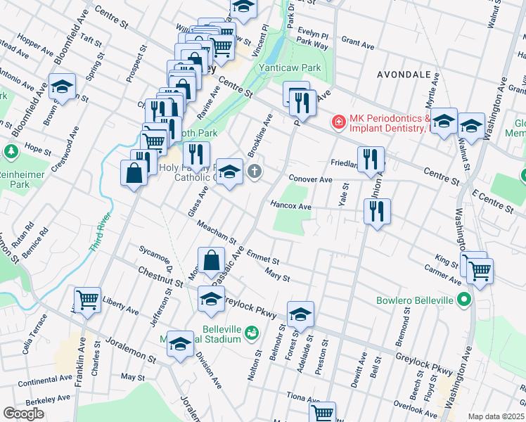 map of restaurants, bars, coffee shops, grocery stores, and more near 50 Passaic Avenue in Nutley