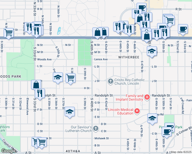 map of restaurants, bars, coffee shops, grocery stores, and more near 444 South 40th Street in Lincoln