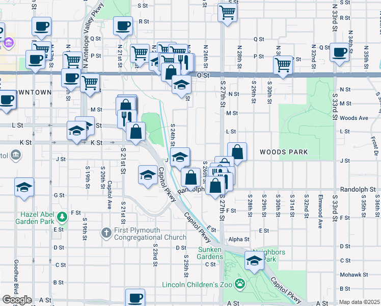 map of restaurants, bars, coffee shops, grocery stores, and more near 465 South 25th Street in Lincoln