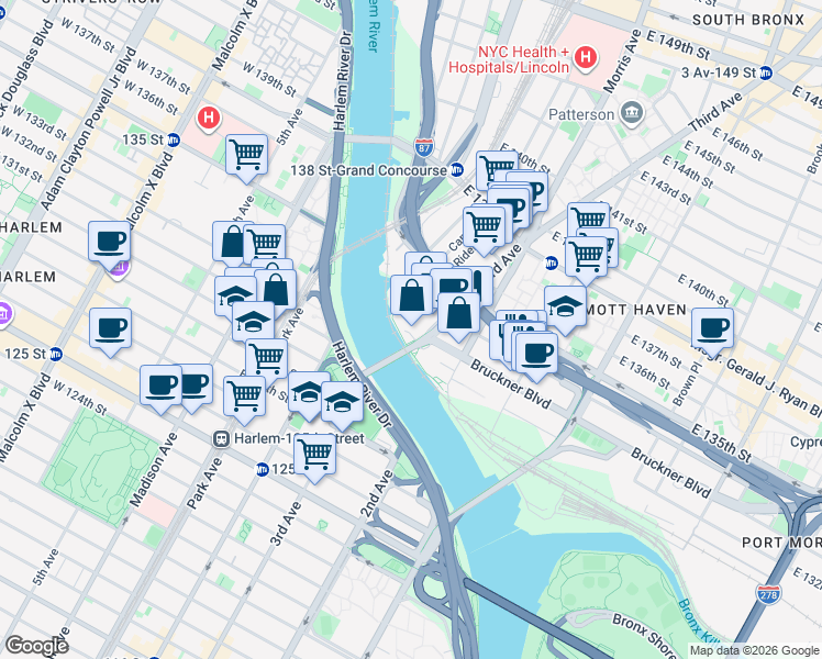 map of restaurants, bars, coffee shops, grocery stores, and more near 2401 3rd Avenue in The Bronx