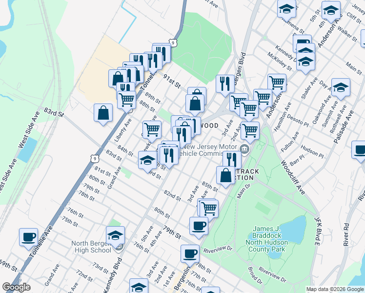 map of restaurants, bars, coffee shops, grocery stores, and more near 8603 John F Kennedy Blvd W in North Bergen