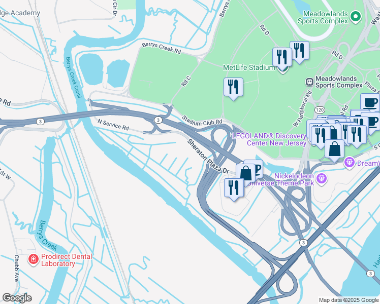 map of restaurants, bars, coffee shops, grocery stores, and more near 100-120 Schindler Court in East Rutherford