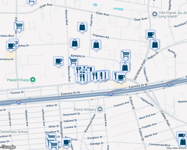 map of restaurants, bars, coffee shops, grocery stores, and more near 360 Motor Pkwy in Hauppauge