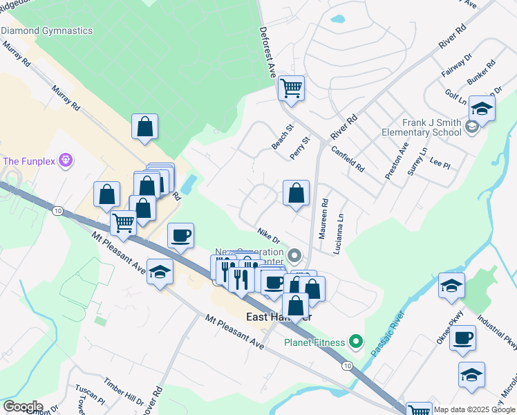 map of restaurants, bars, coffee shops, grocery stores, and more near 11 Frankie Lane in East Hanover