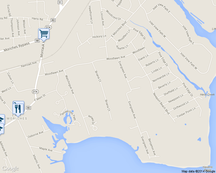 map of restaurants, bars, coffee shops, grocery stores, and more near 66 Woodlawn Ave in East Moriches