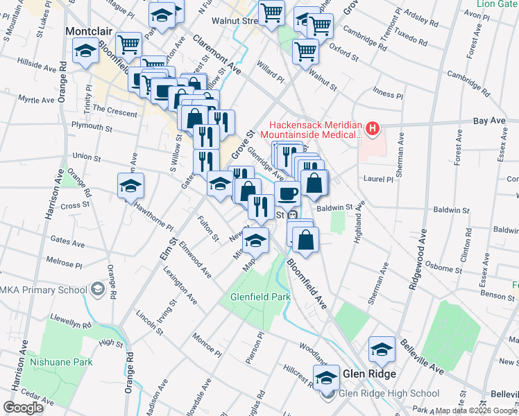 map of restaurants, bars, coffee shops, grocery stores, and more near 3 Bloomfield Avenue in Montclair