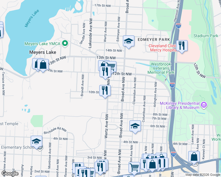 map of restaurants, bars, coffee shops, grocery stores, and more near 2913 11th Street Northwest in Canton