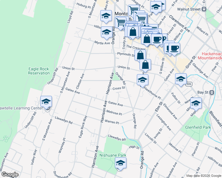 map of restaurants, bars, coffee shops, grocery stores, and more near 29 Harrison Avenue in Montclair