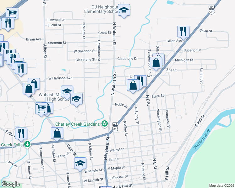 map of restaurants, bars, coffee shops, grocery stores, and more near 768 North Spring Street in Wabash
