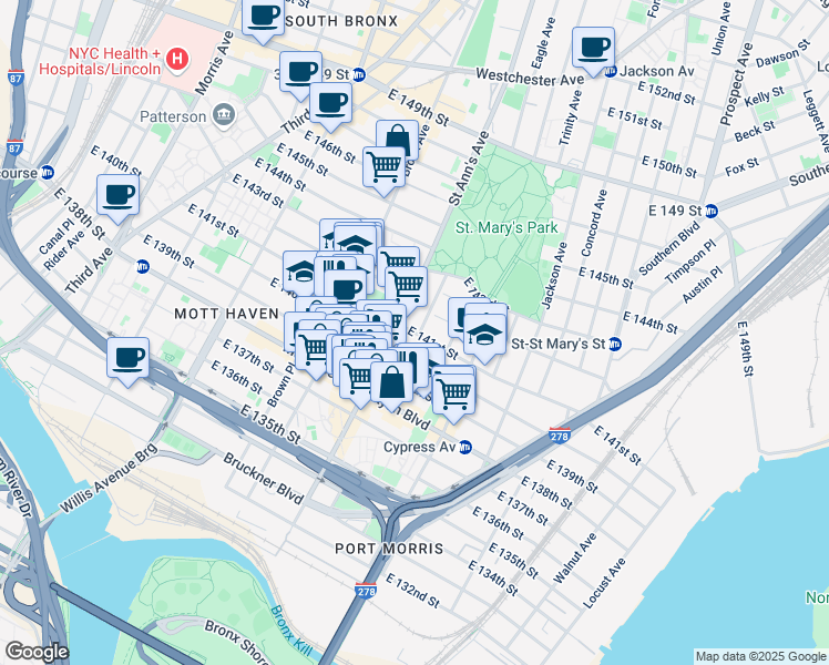 map of restaurants, bars, coffee shops, grocery stores, and more near 578 East 141st Street in Bronx
