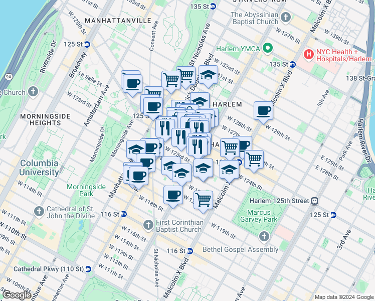 map of restaurants, bars, coffee shops, grocery stores, and more near 230 West 125th Street in New York