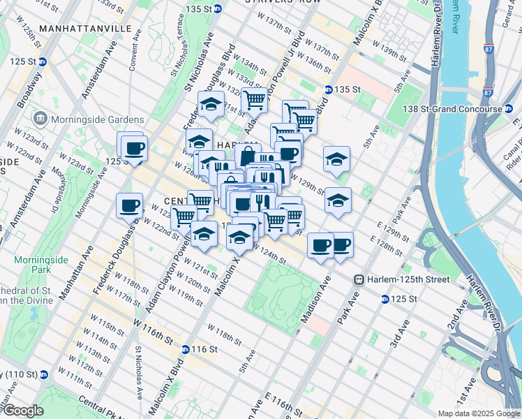 map of restaurants, bars, coffee shops, grocery stores, and more near 319 Malcolm X Boulevard in New York