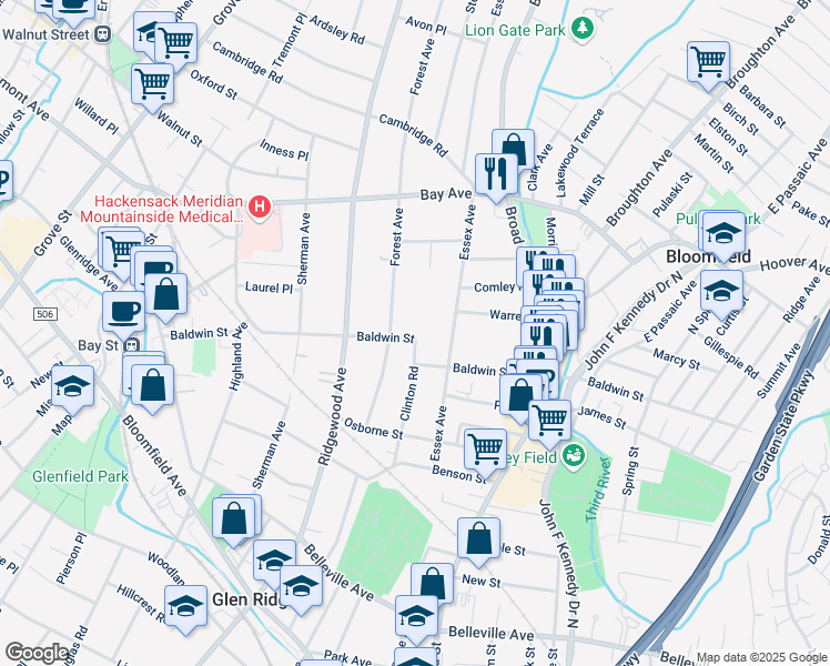 map of restaurants, bars, coffee shops, grocery stores, and more near 89 Baldwin Street in Glen Ridge