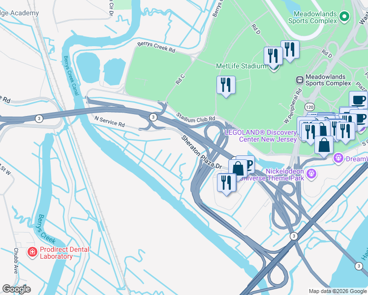 map of restaurants, bars, coffee shops, grocery stores, and more near 100-120 Schindler Court in East Rutherford